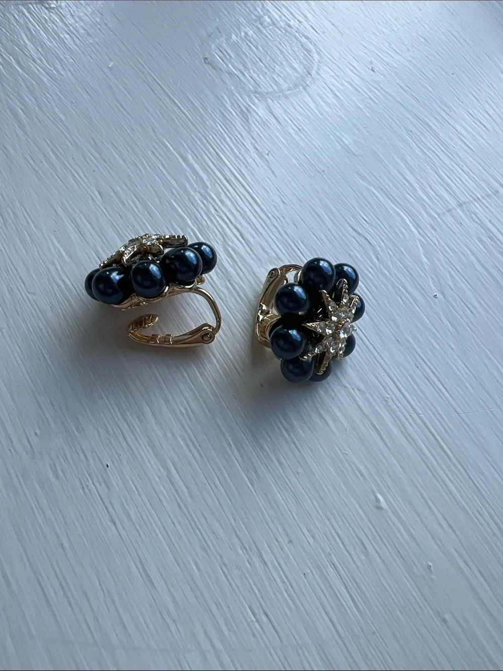 Navy Petal Cluster Earrings with Crystal Star Centers Vintage Mid-Century